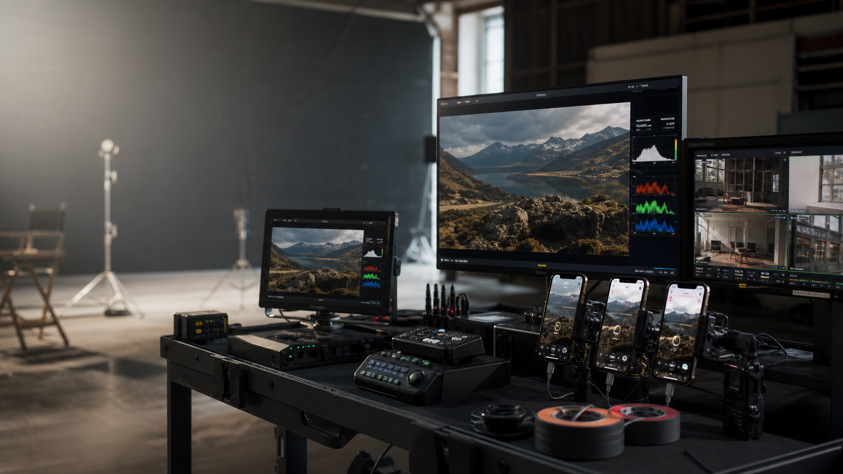 On-set technical workstation with monitors, streaming systems and production devices