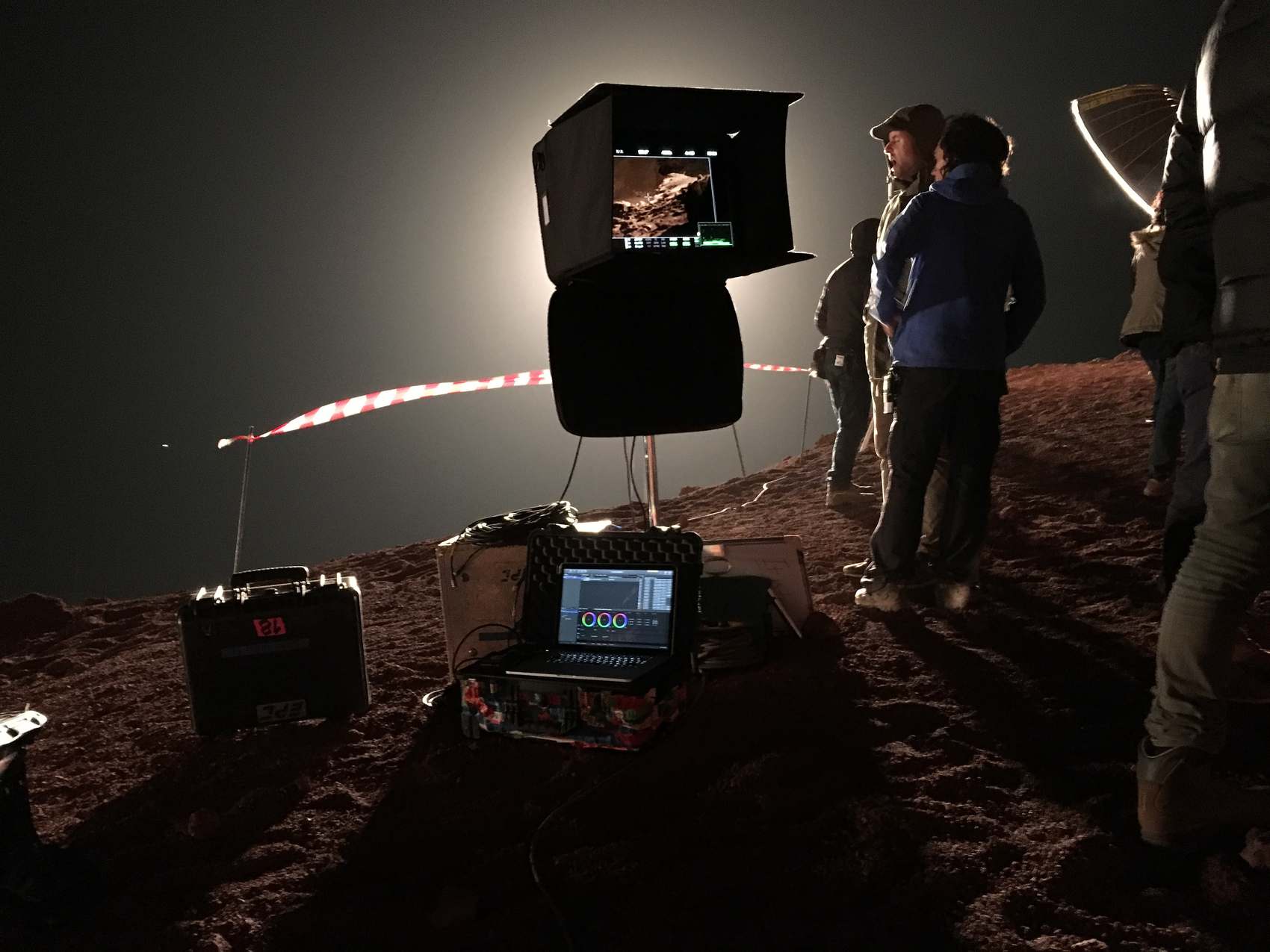 DIT cart with monitor and color grading on a night location shoot